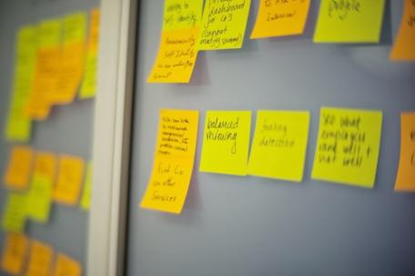 Yellow post it notes stuck up on wall